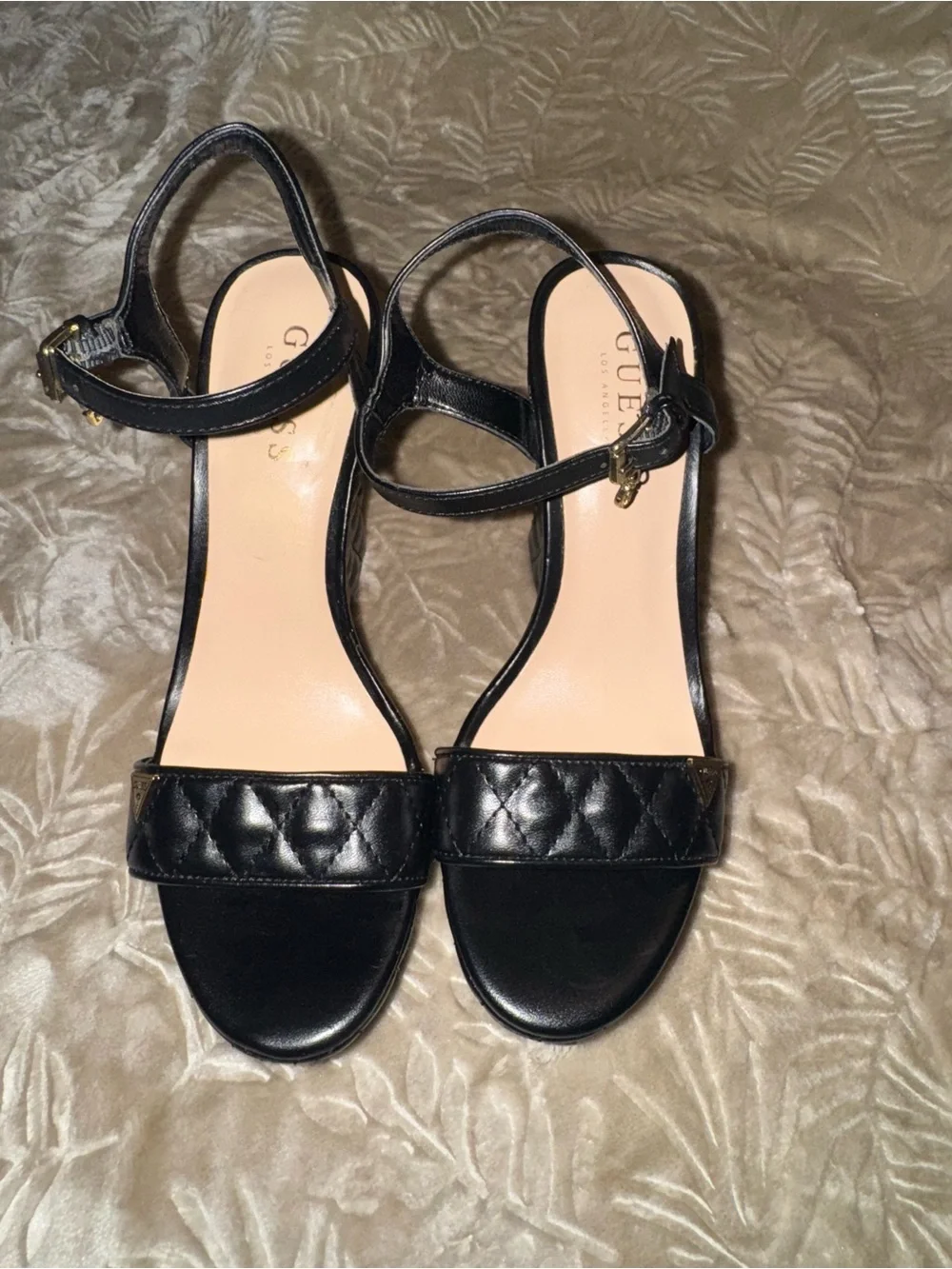 GUESS Black Quilted Platform Wedge Sandals with Ankle Strap